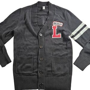 Varsity Cardigan Sweater Mens XL Black V Neck Mikey L Letterman The Crew Pockets